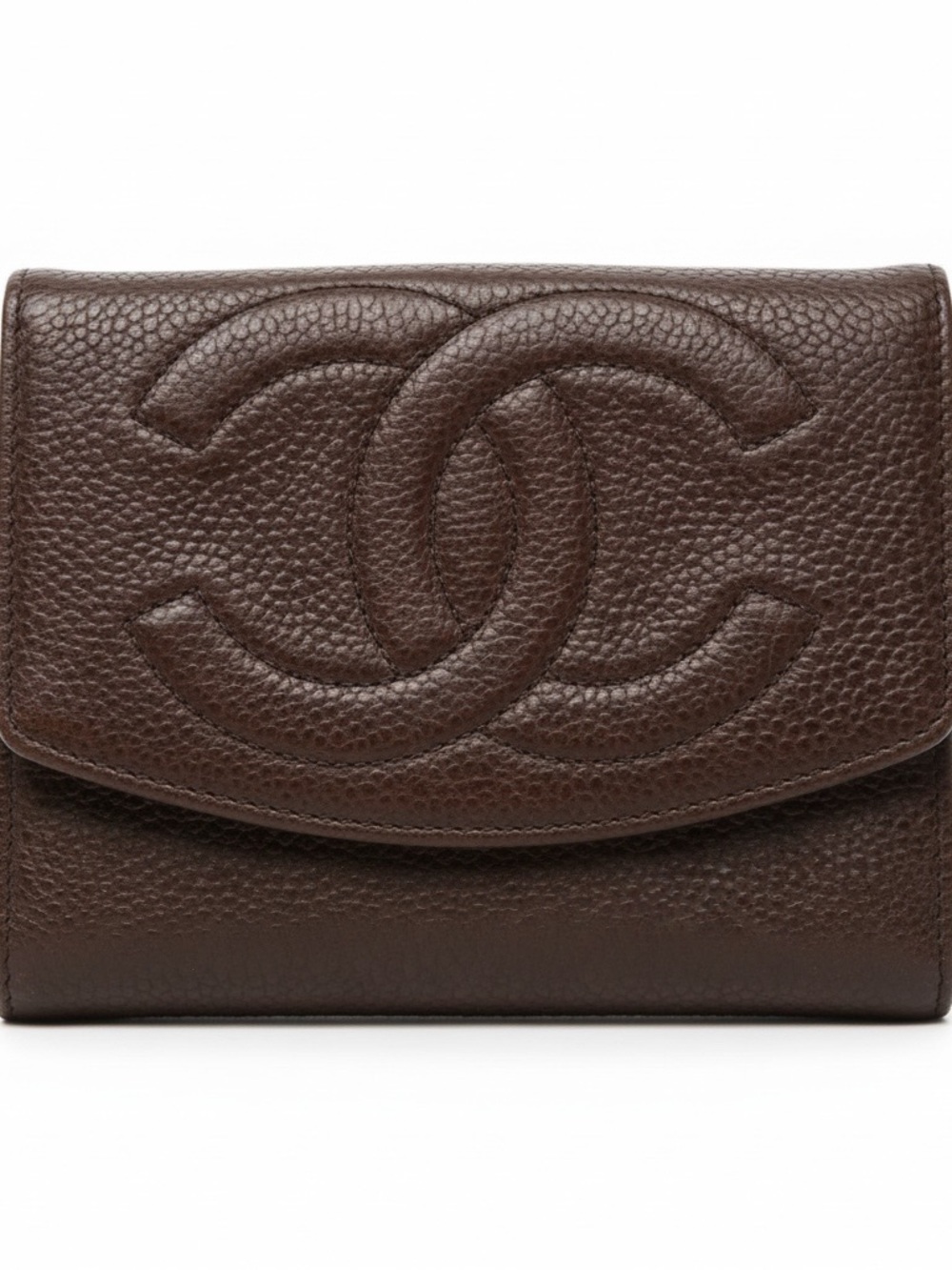 CHANEL Brown Quilted Caviar Leather Compact Wallet with CC Logo